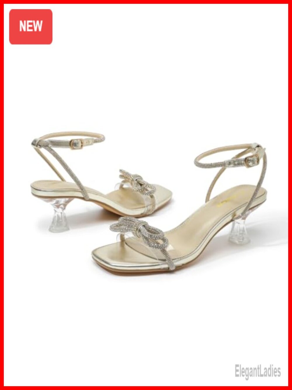 Women Kitten Heel Rhinestone Sandals Clear Heeled Ankle Strap Formal
